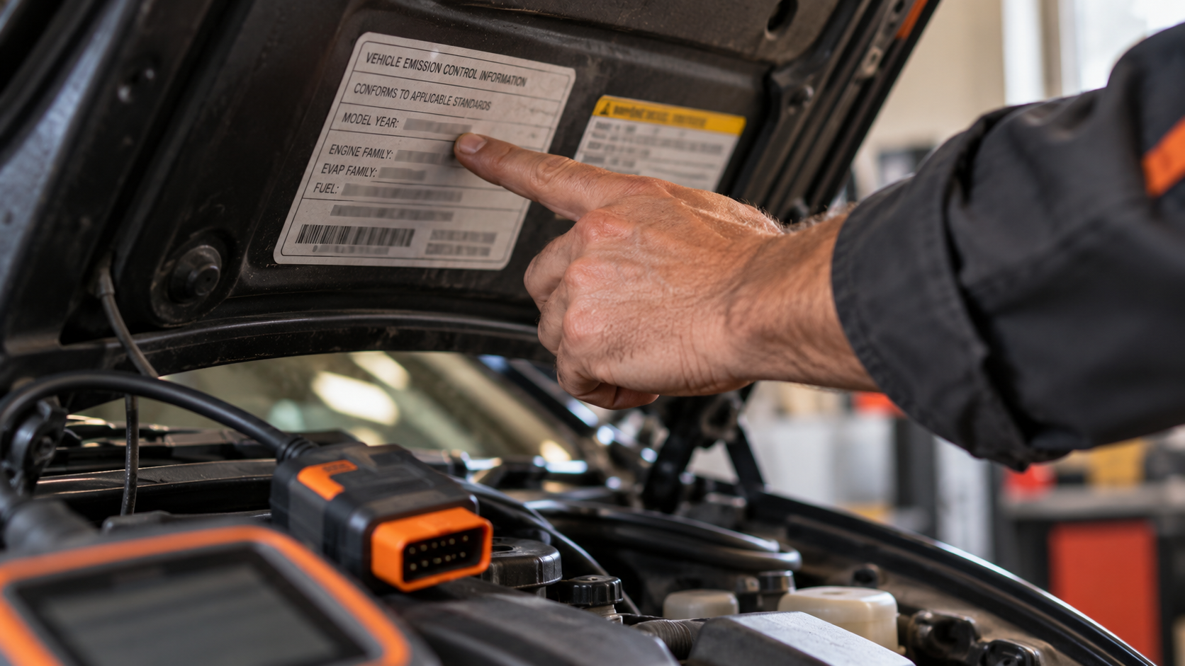 Mechanic pointing to a vehicle emissions label under the hood while an OBD2 scanner cable rests nearby.