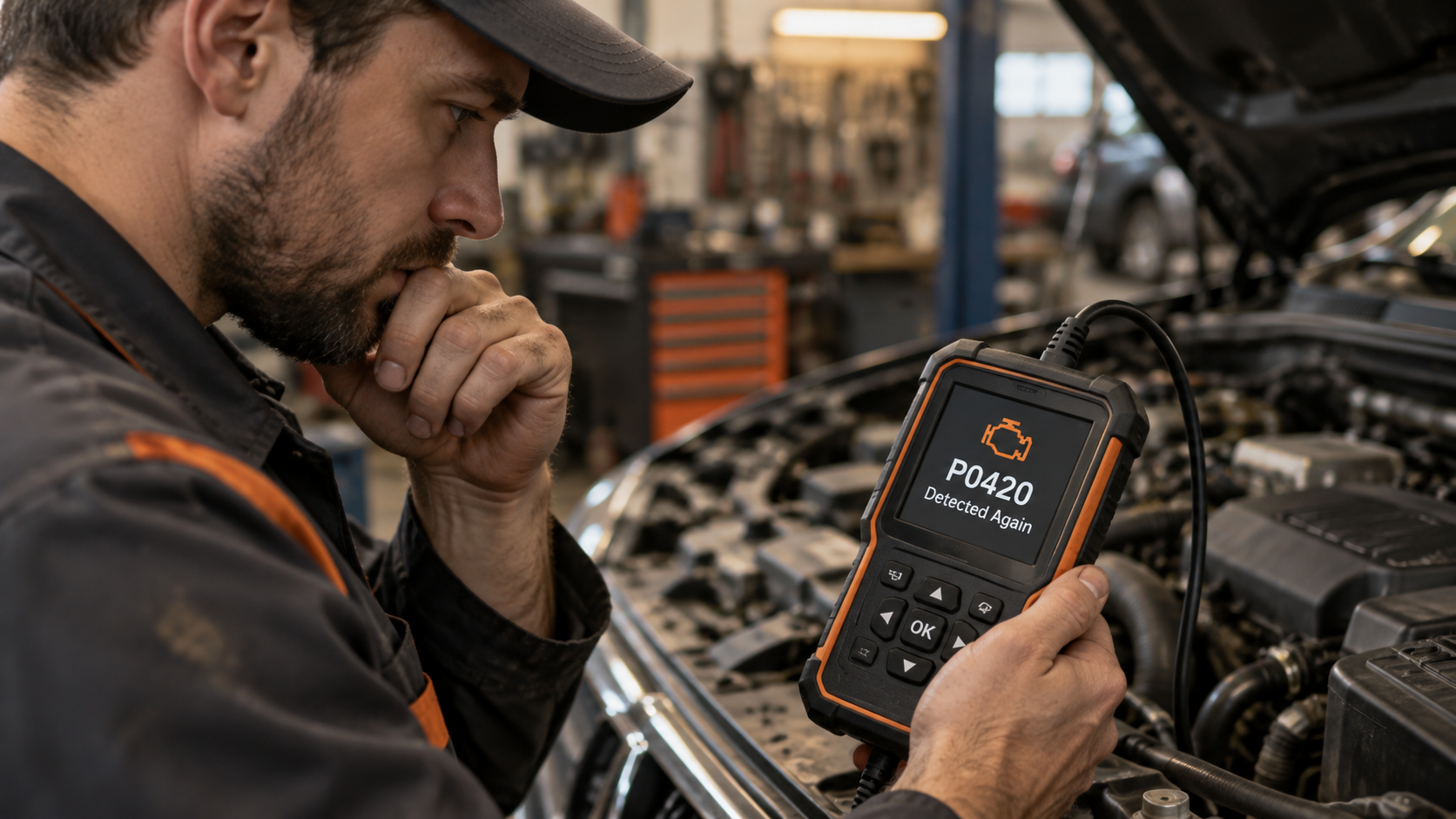 Technician reviewing an OBD2 scanner showing code P0420 detected again beside an open engine bay.