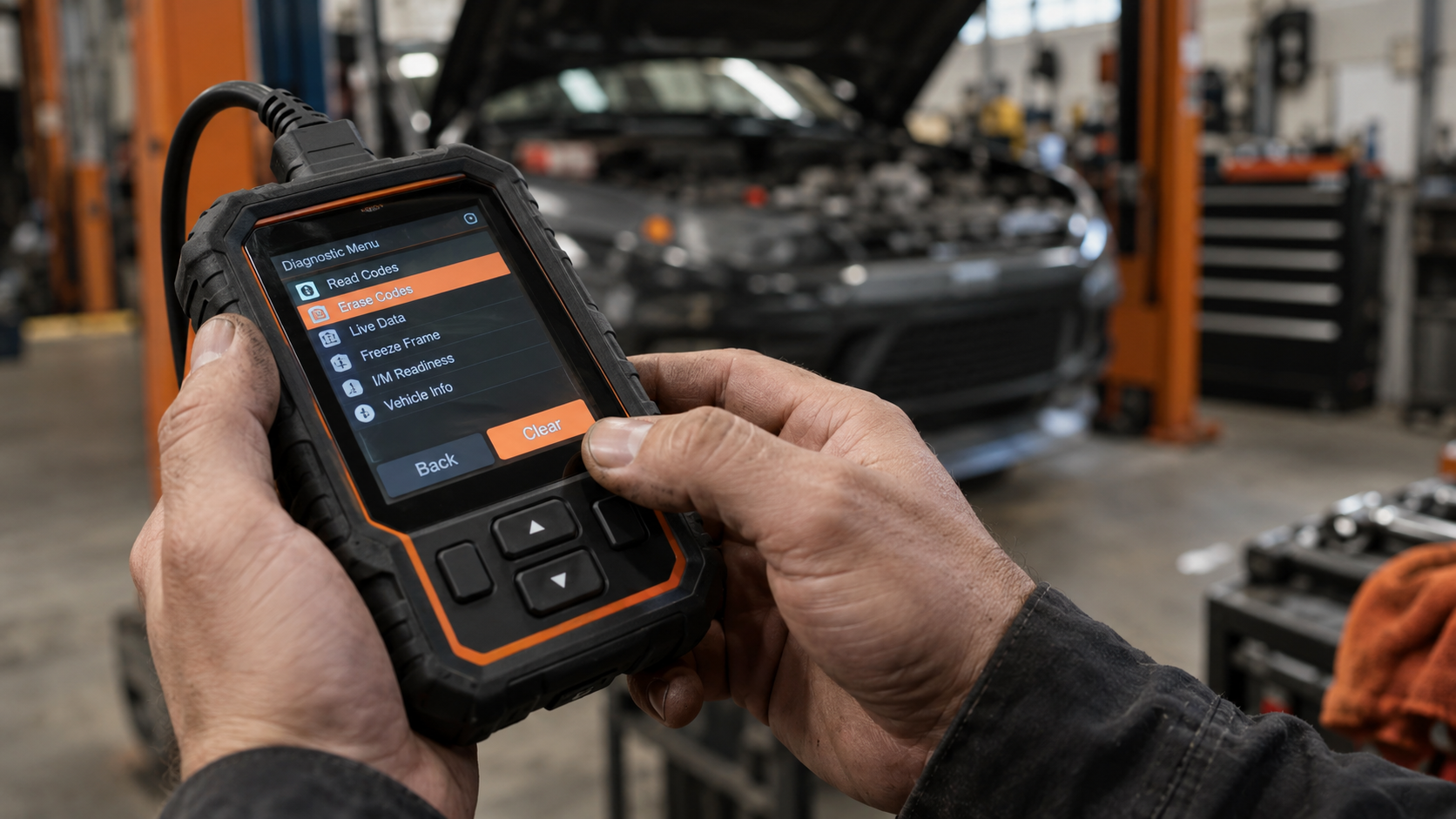 Close-up of a mechanic's thumb hovering over the clear or erase option on a handheld OBD2 scanner.