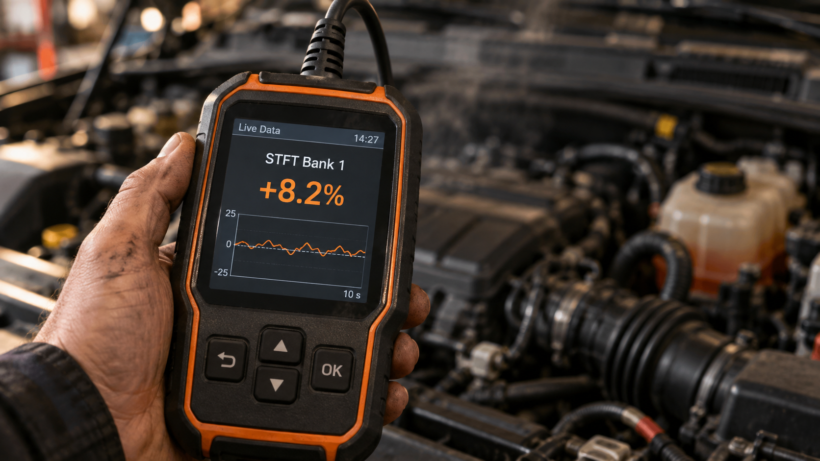 Handheld OBD2 scanner displaying STFT Bank 1 at +8.2 percent with a live graph over an idling engine.