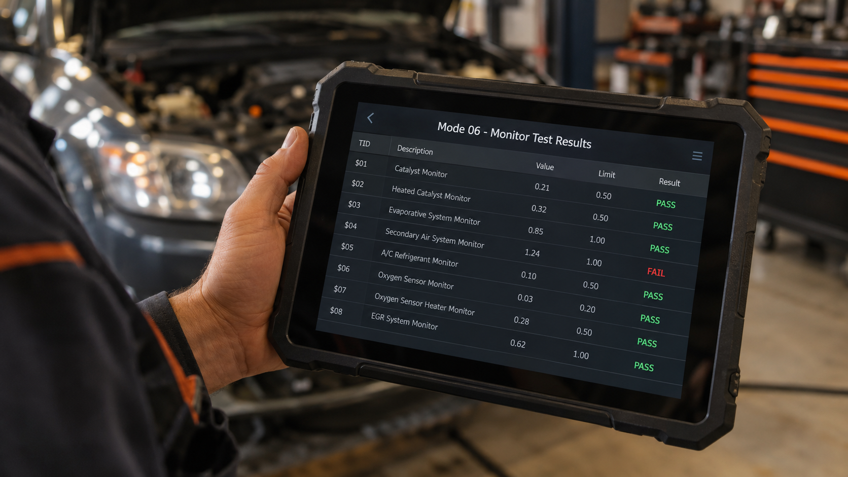 Diagnostic tablet showing Mode 06 monitor test results with measured values, limits, and pass or fail indicators.