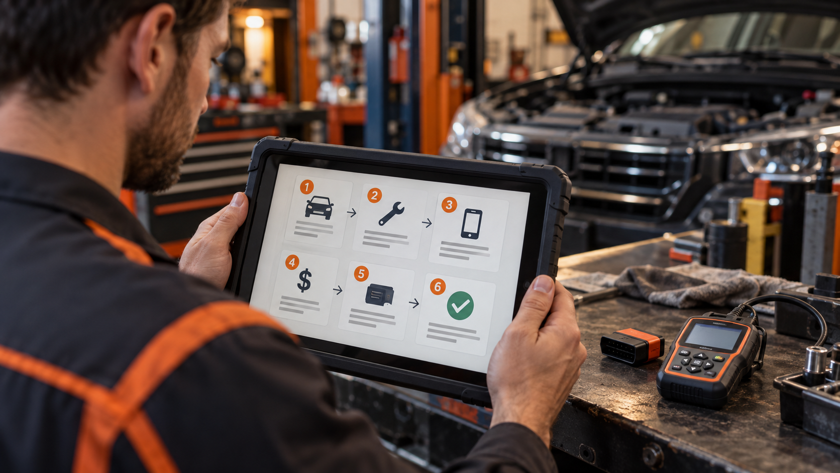 Mechanic holding a diagnostic tablet with a six-step decision checklist, beside a Bluetooth adapter and standalone scanner.