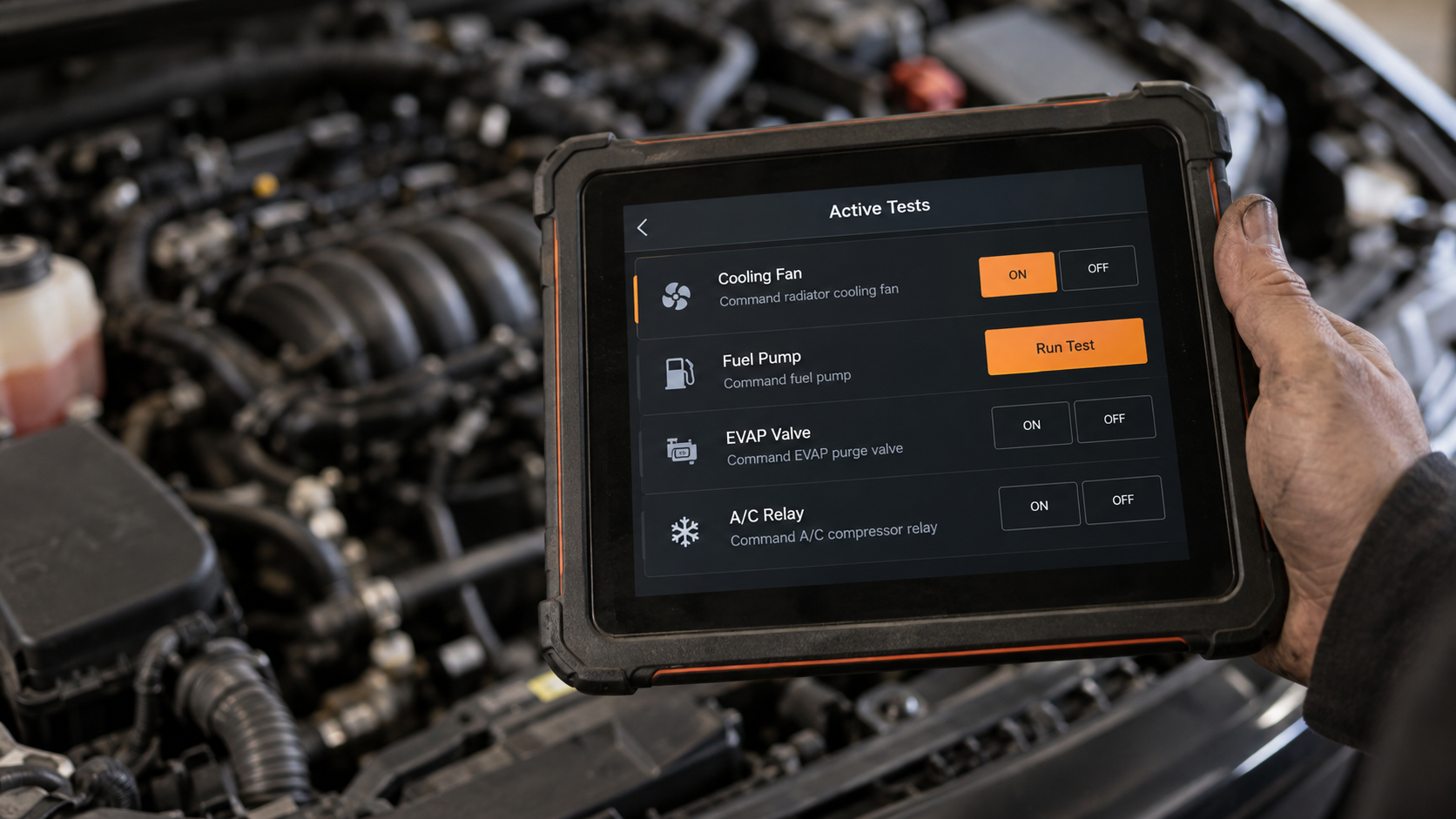 Diagnostic tablet displaying active test controls for cooling fan, fuel pump, EVAP valve, and A/C relay over an open engine bay.