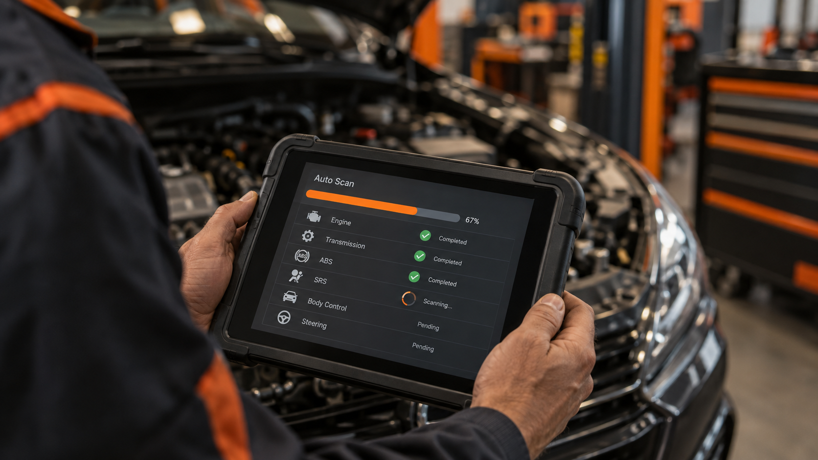 Technician running an automatic vehicle scan on a diagnostic tablet showing module status and scan progress.