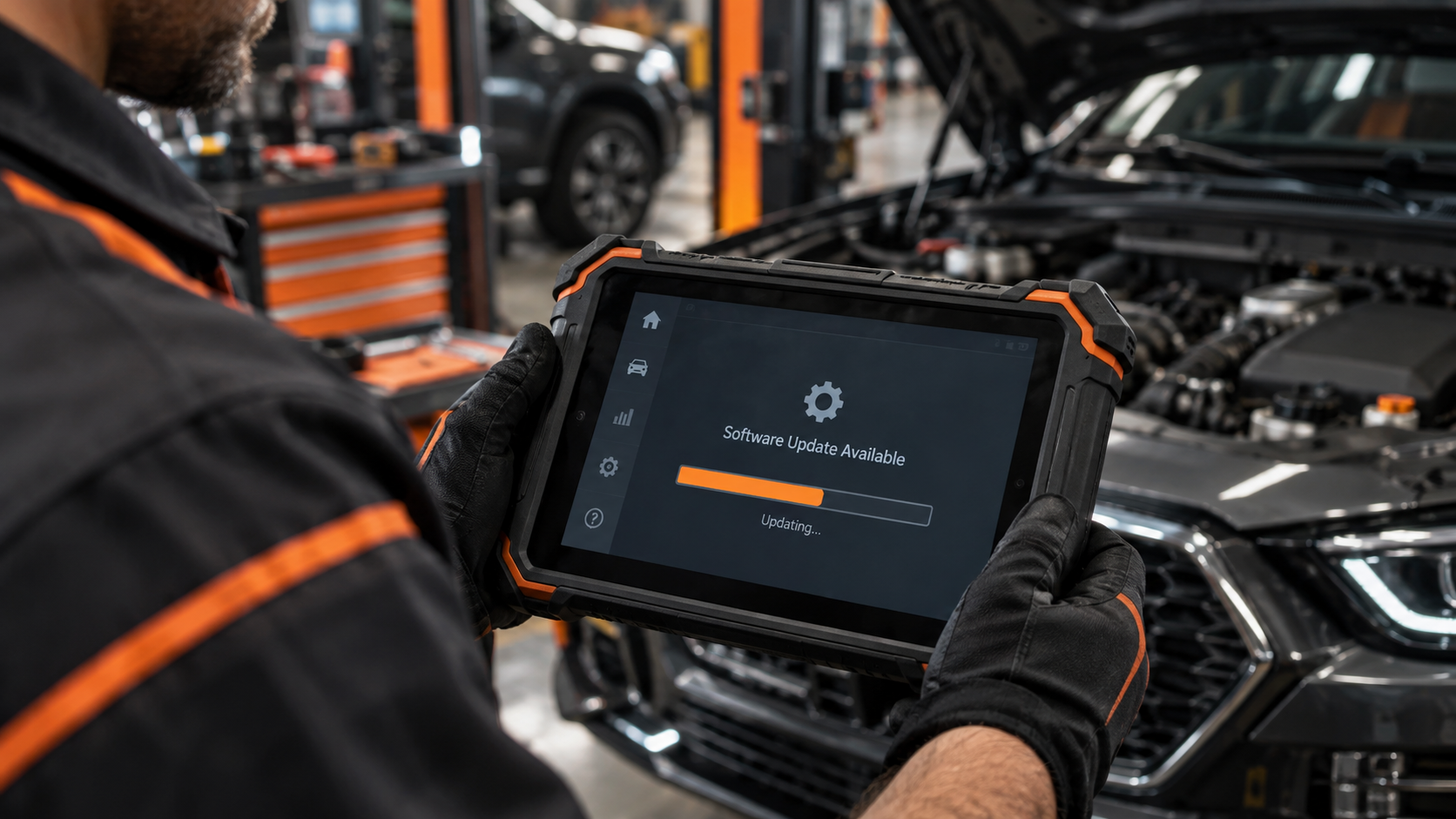 Technician holding a diagnostic tablet displaying a software update notification with a progress bar in front of an open vehicle hood.