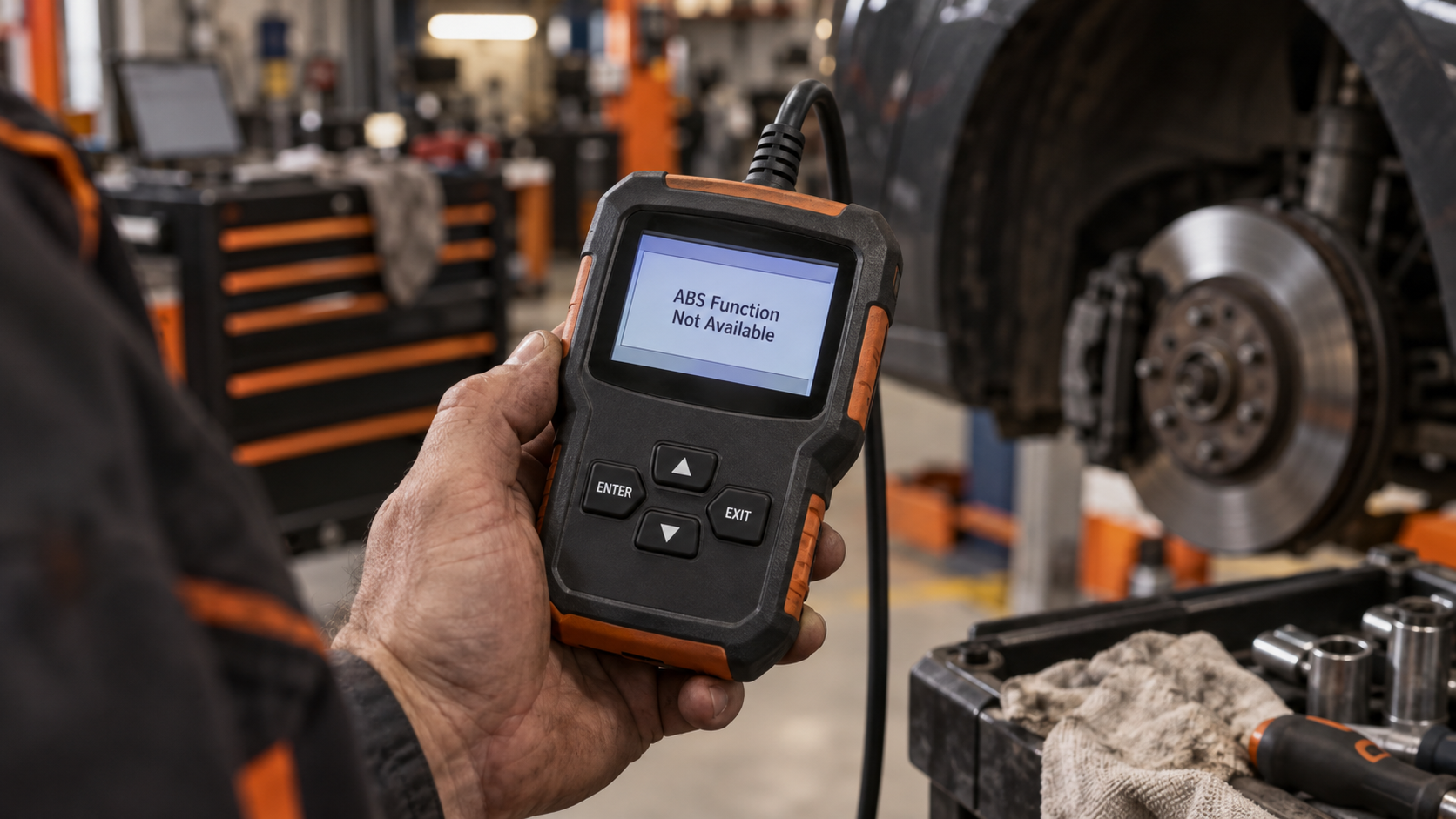 Basic diagnostic scanner displaying an ABS function not available message beside a vehicle brake assembly in a workshop.