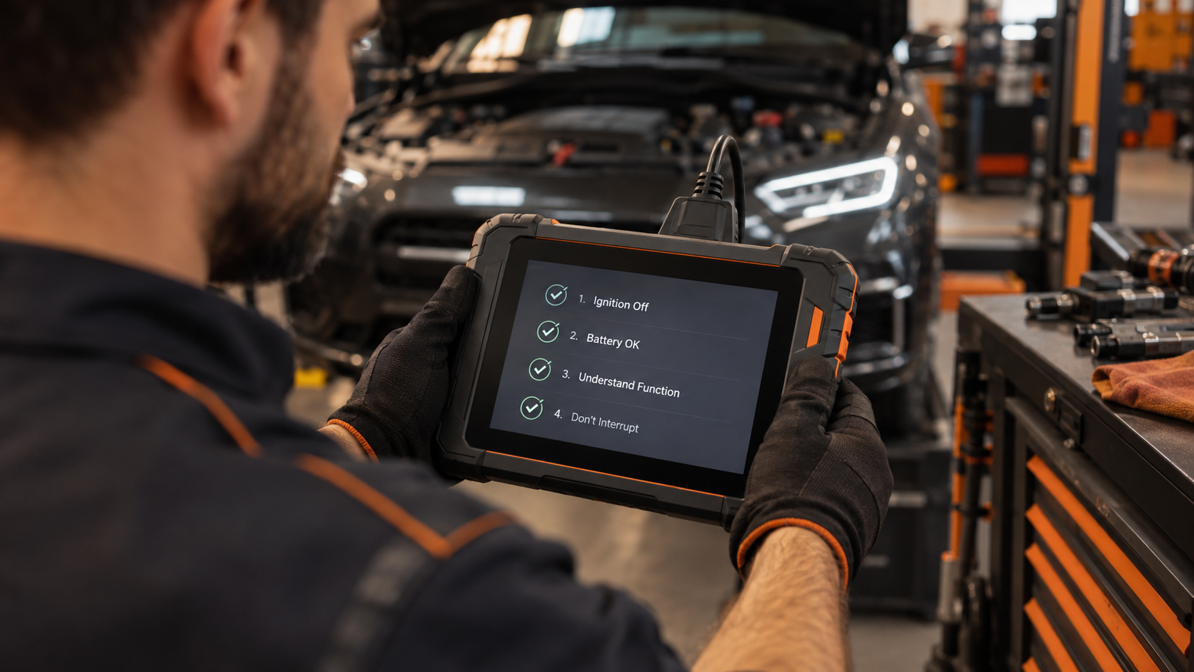 Technician with a diagnostic tablet showing a safety checklist: ignition, battery condition and uninterrupted procedures.