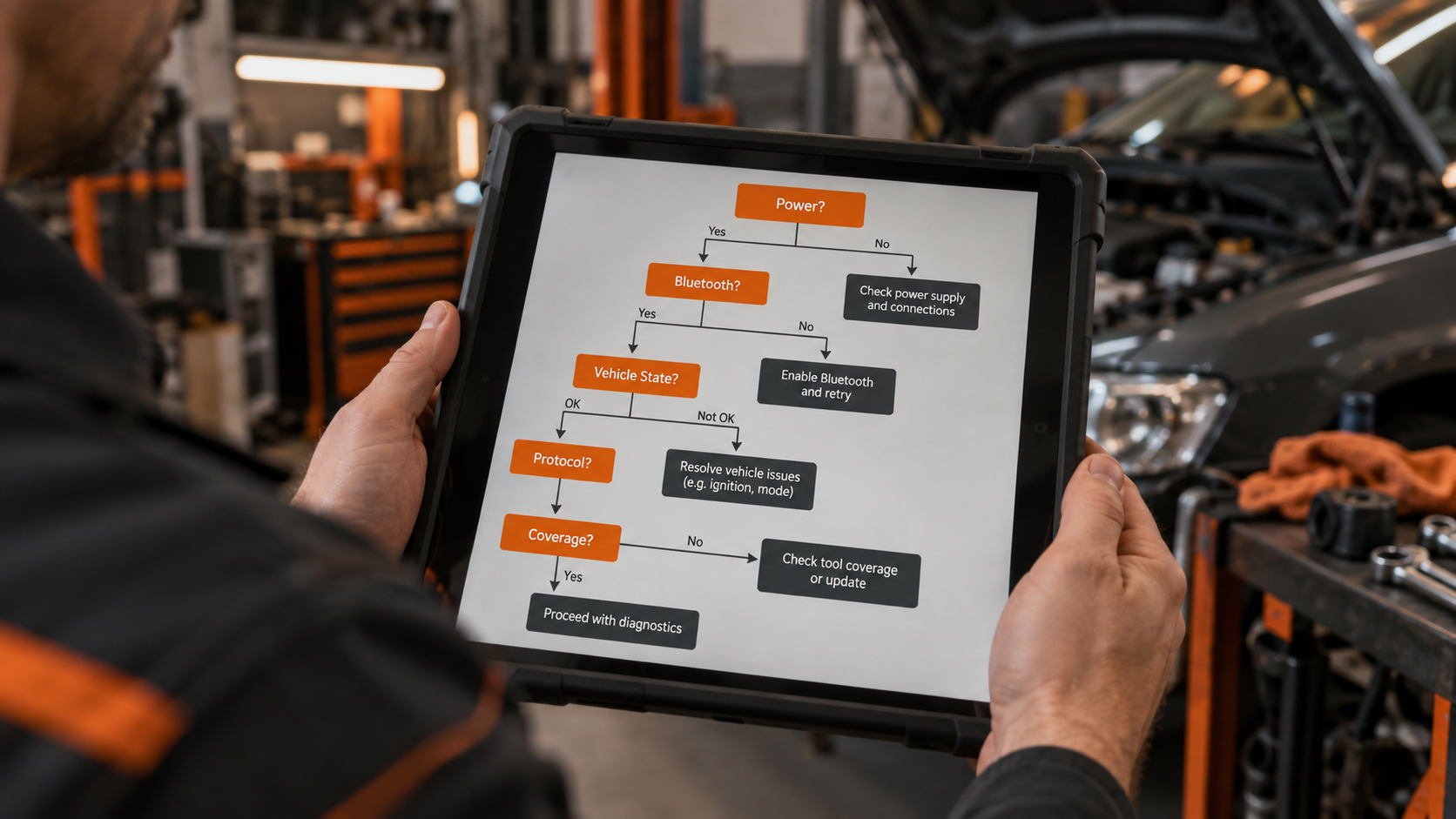 Technician with a diagnostic tablet showing a troubleshooting flowchart for power, Bluetooth and protocol checks.