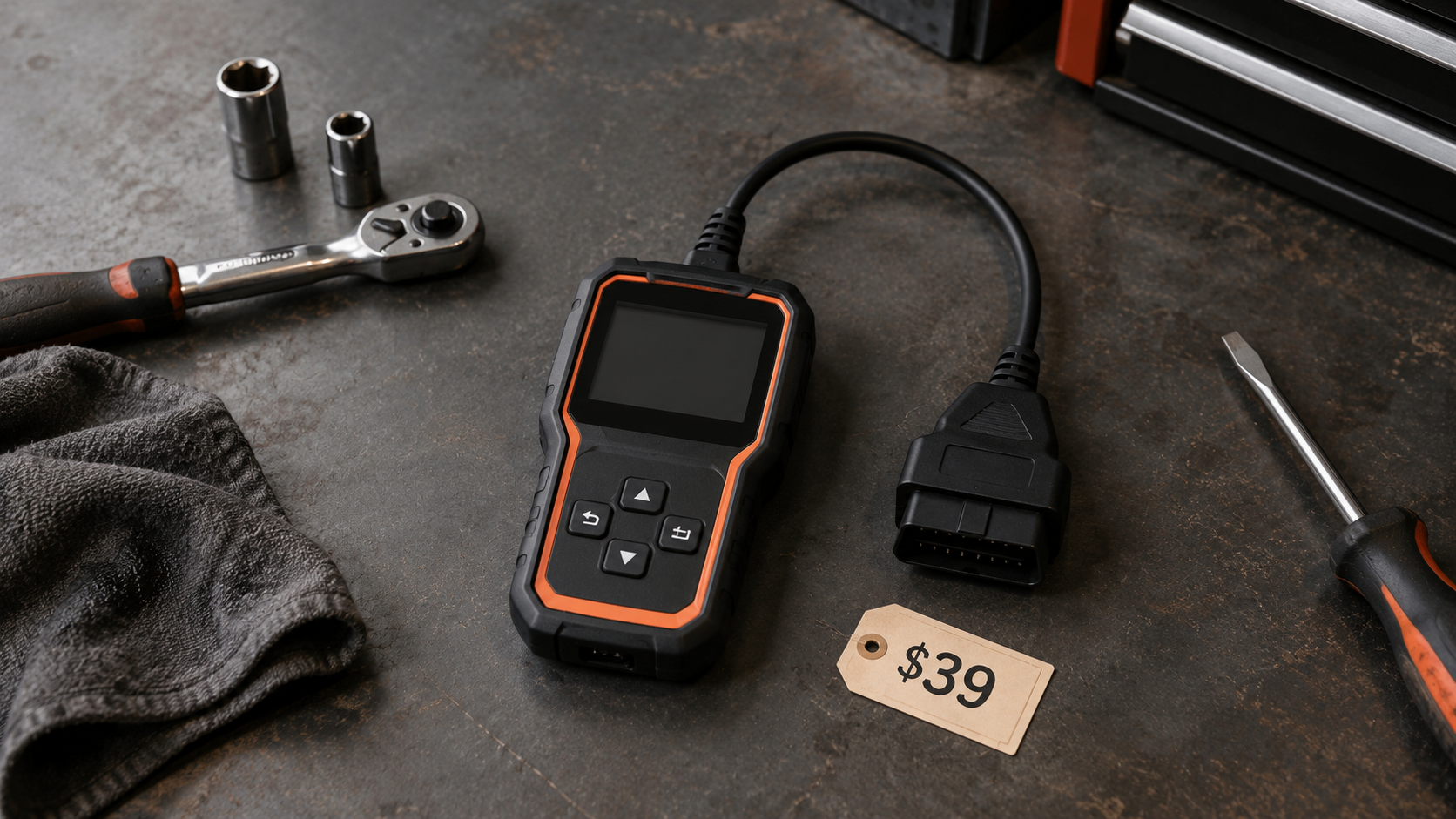 Basic handheld OBD2 code reader with a $39 price tag on a workshop bench beside simple hand tools.