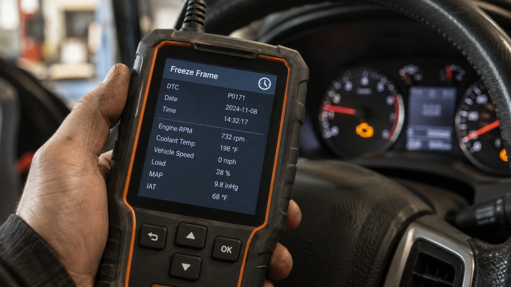 Diagnostic scanner showing freeze-frame data with a timestamp, RPM, coolant temperature, vehicle speed, and engine load.