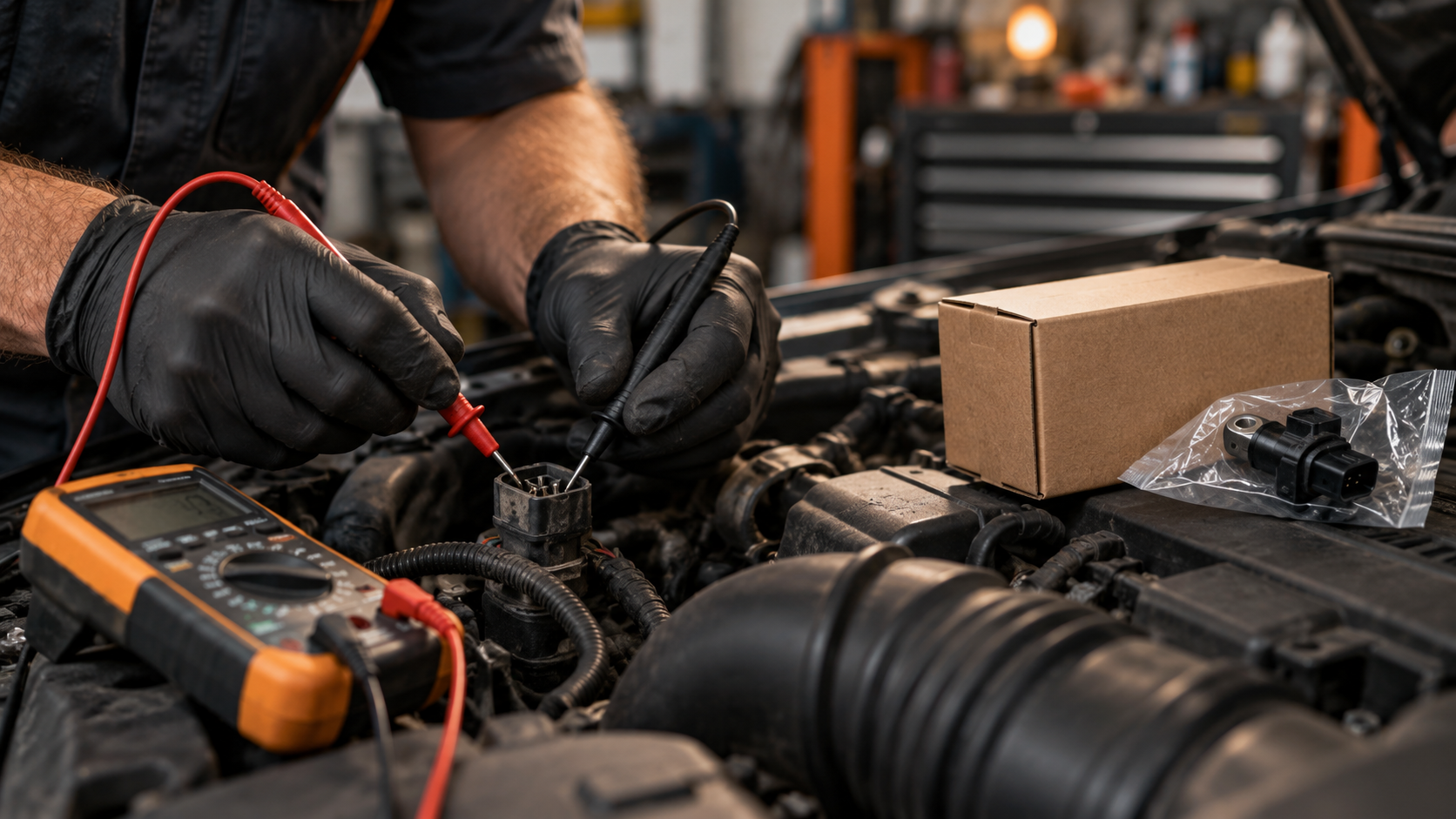 Mechanic testing a sensor connector with a multimeter while an unopened replacement part sits nearby in the engine bay.