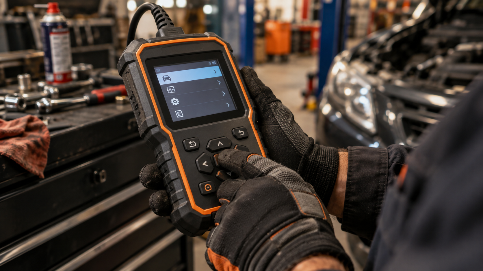 Mechanic wearing gloves pressing the physical buttons on a rugged handheld OBD2 scanner in a workshop.