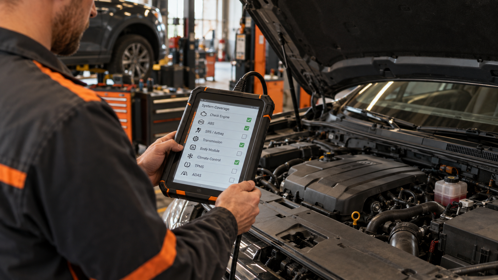 Technician holding a diagnostic tablet with a system coverage checklist beside an open engine bay.