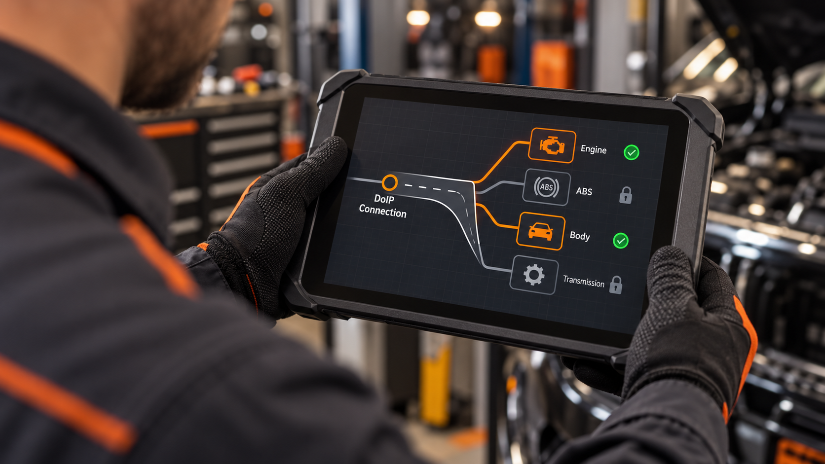 Diagnostic tablet showing a DoIP connection leading to engine, ABS, body, and transmission modules, with some modules unavailable.