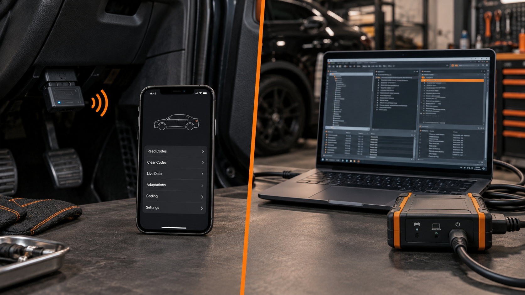 Comparison of a smartphone with Bluetooth diagnostic adapter and a laptop with professional vehicle interface for coding tasks.