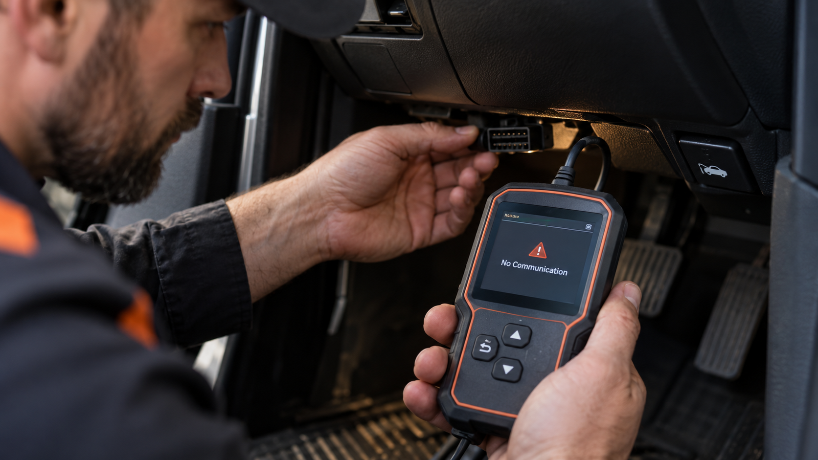 Mechanic inspecting the OBD2 connector while a handheld scanner displays a no communication error.