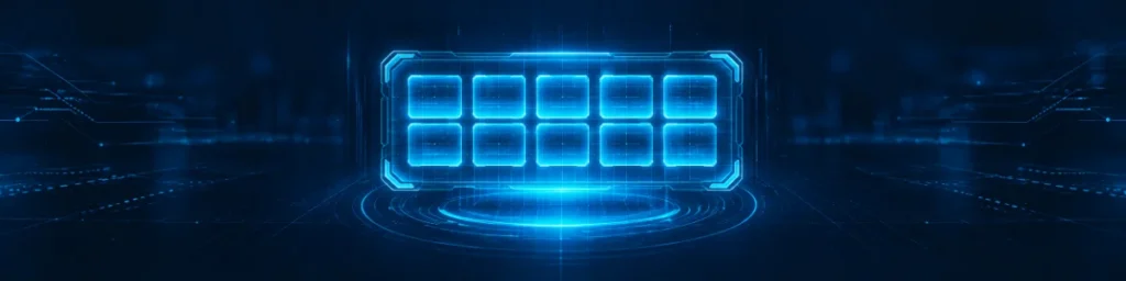 Glowing blue holographic diagnostic code panel with abstract illuminated segmented blocks