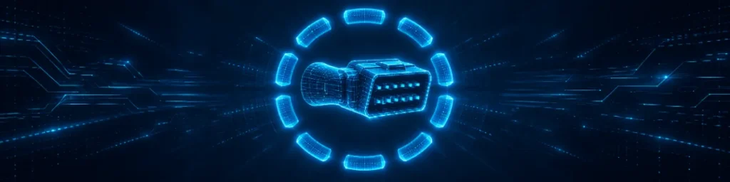 Glowing blue holographic OBD2 connector encircled by ten glowing curved mode segments