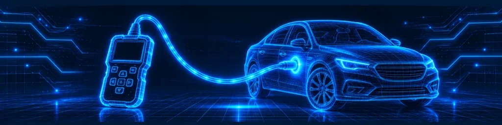 Glowing blue holographic OBD2 scanner connected by cable to a vehicle connection point