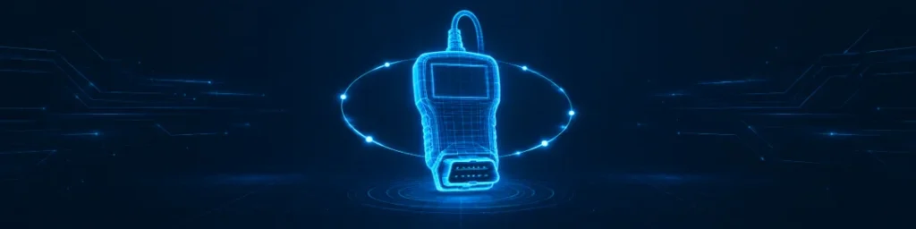 Glowing blue holographic OBD2 scanner encircled by a rotating ring of light nodes