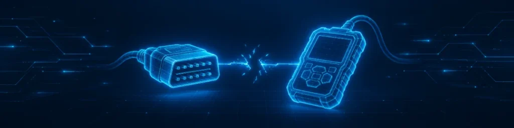 Glowing blue holographic OBD2 connector and scanner with a broken flickering link between them