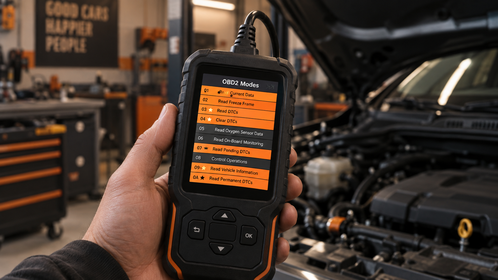 OBD2 scanner showing commonly used diagnostic modes for DIY users: live data, freeze frame, stored and pending codes.