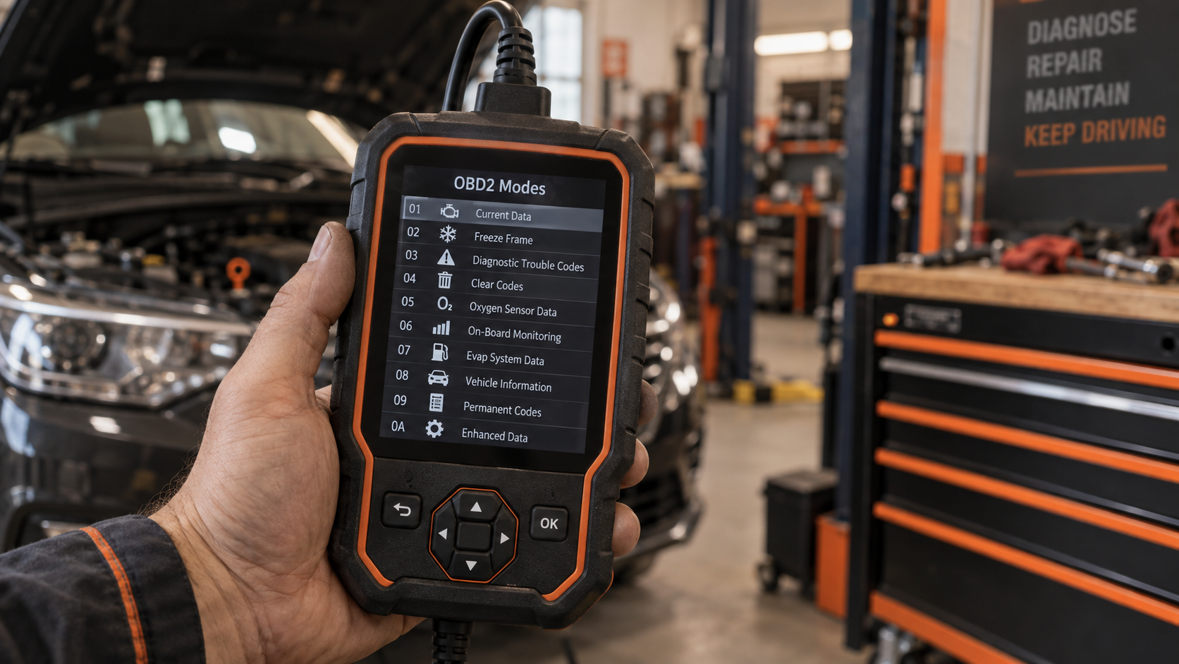 Handheld diagnostic scanner displaying an OBD2 modes menu from 01 through 0A in a workshop.