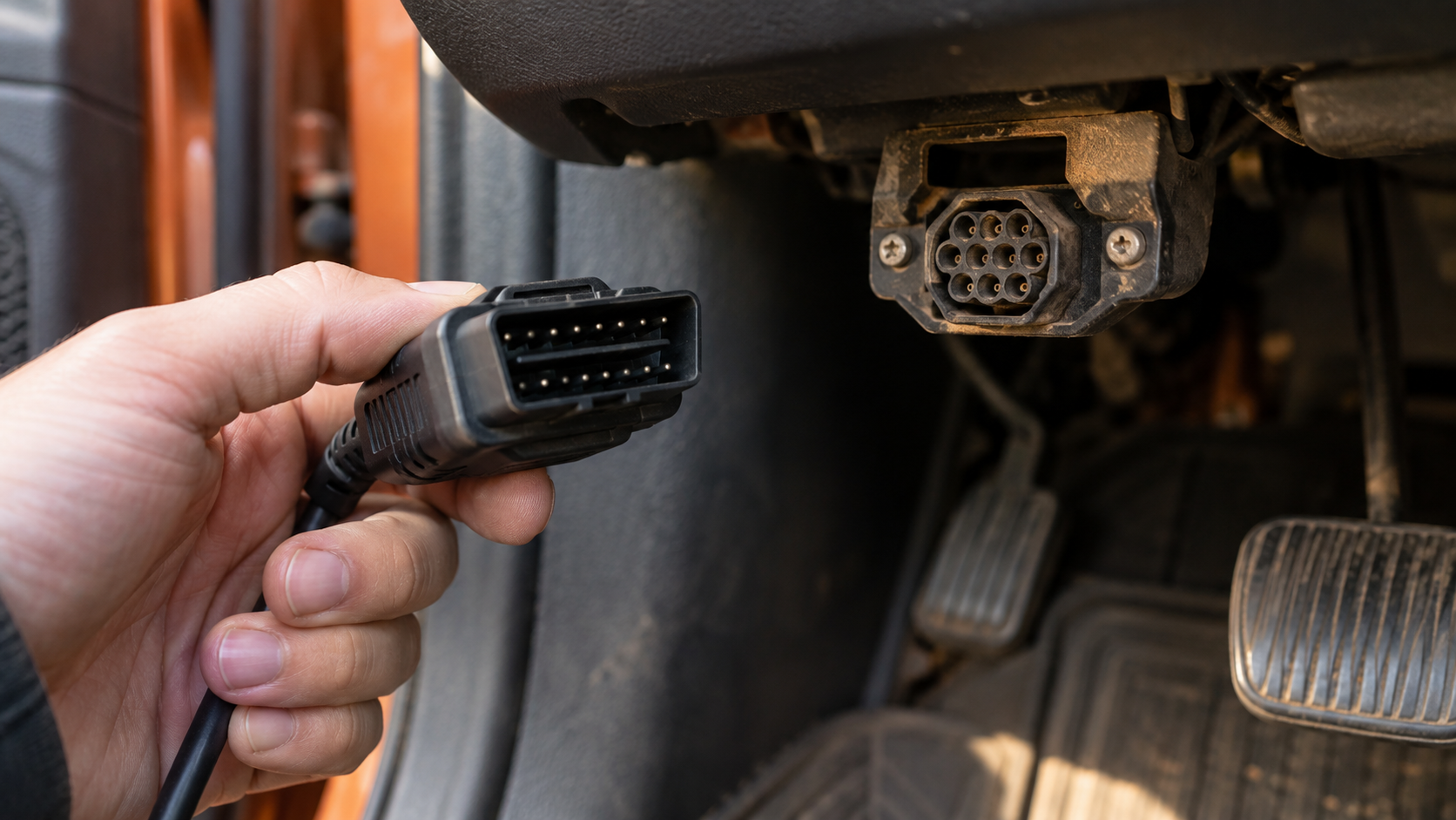 Modern 16-pin OBD2 scanner plug held beside an older non-standard diagnostic connector that does not match.