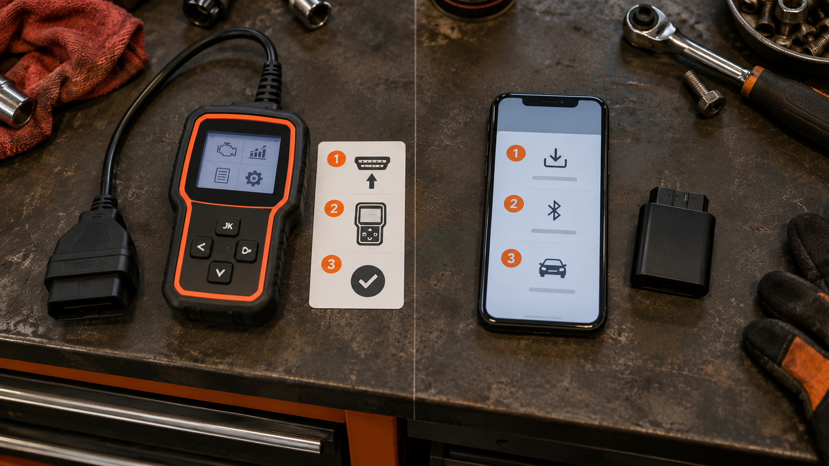 Split workbench view showing a simple standalone code reader on one side and a smartphone with a Bluetooth OBD2 adapter setup on the other.
