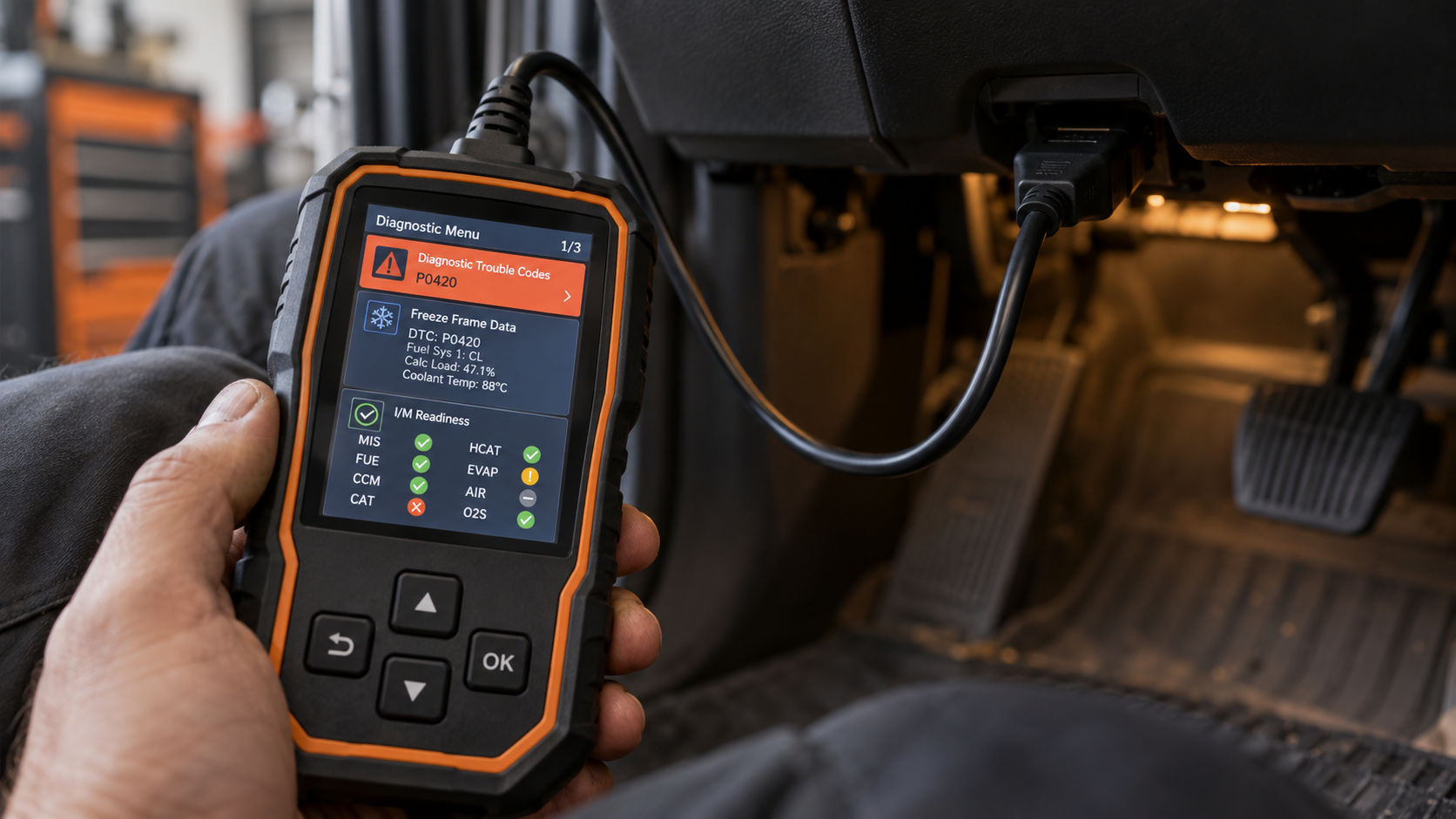 Handheld OBD2 scanner connected to a vehicle and displaying diagnostic trouble codes, freeze-frame data, and readiness status.