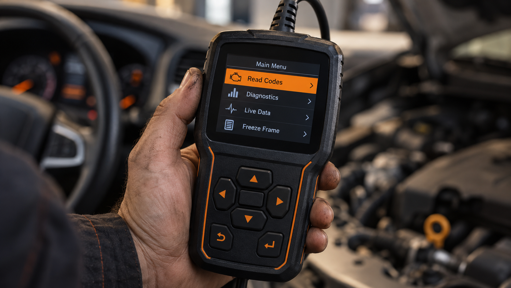 Handheld OBD2 scanner showing a diagnostic menu with Read Codes highlighted in a vehicle workshop.