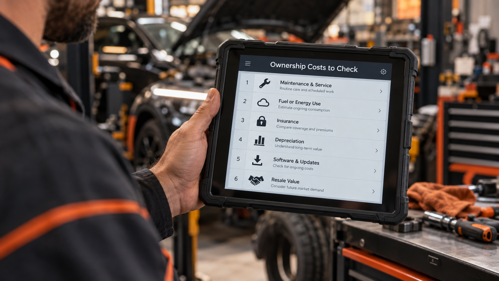 Diagnostic tablet displaying six ownership cost categories for scanner software, updates, services, and support in a workshop.