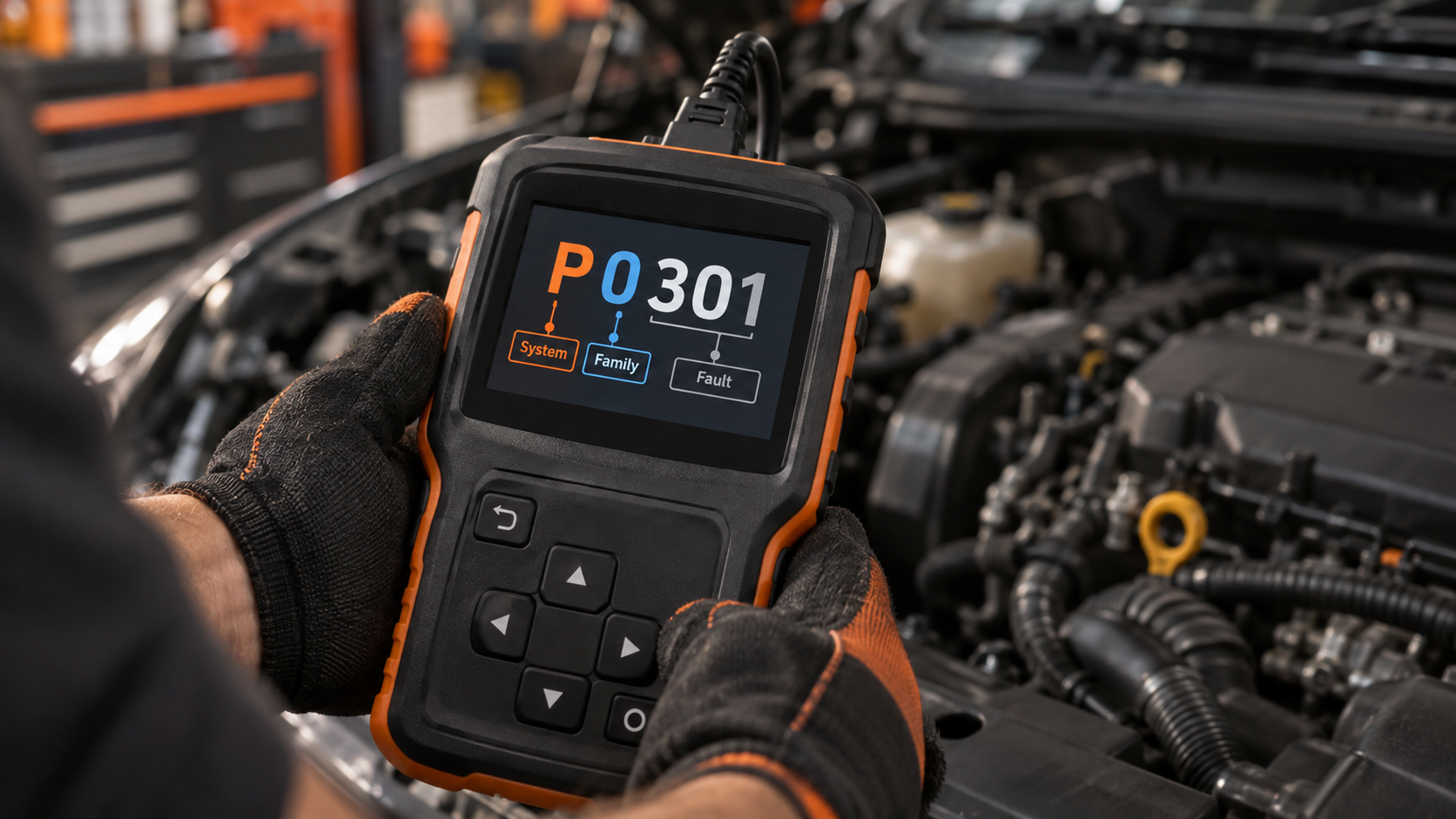 Handheld OBD2 scanner displaying code P0301 with labeled callouts identifying the system, family, and fault portions of the code.