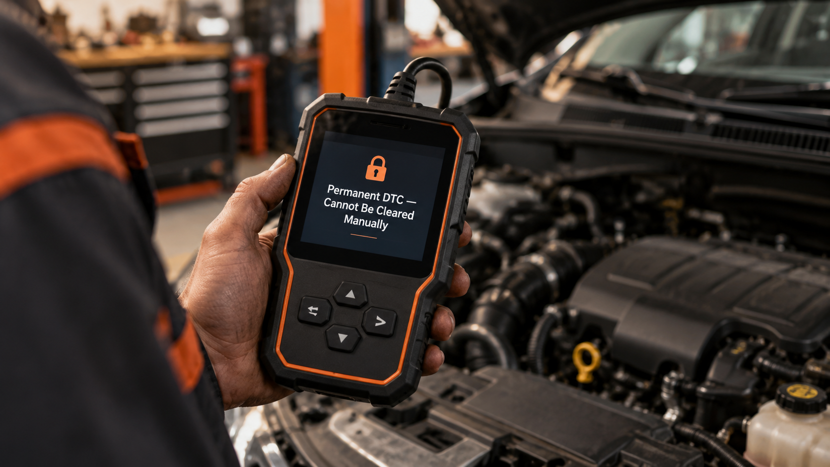 Handheld diagnostic scanner displaying a permanent DTC message stating that the code cannot be cleared manually.