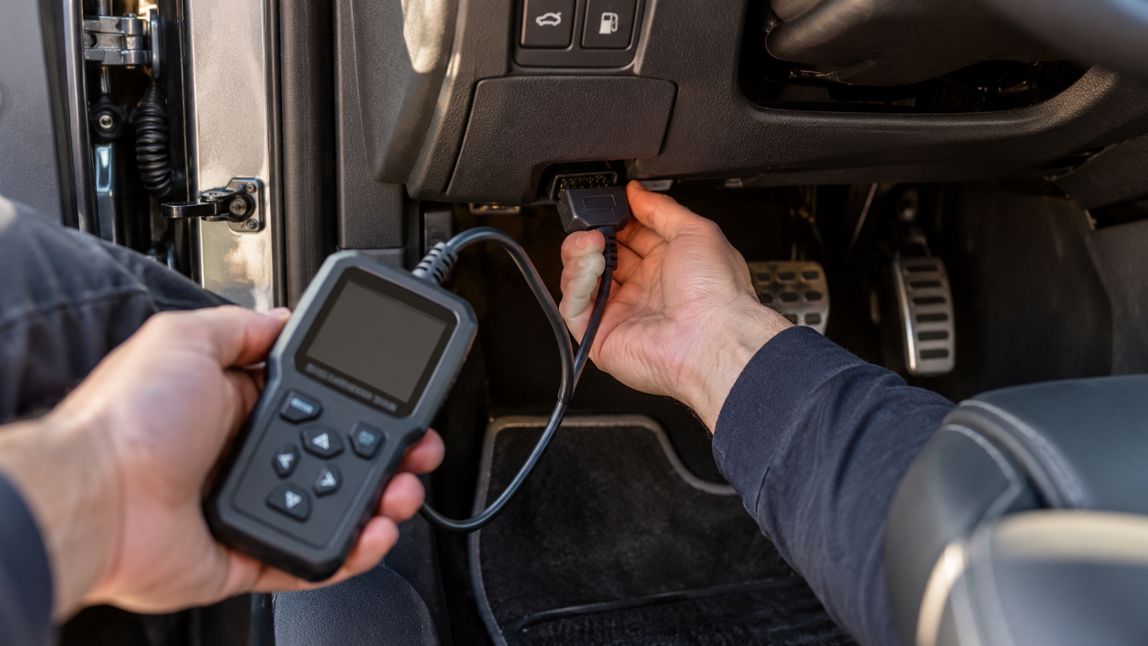 Person plugging a handheld OBD2 scanner cable into the diagnostic port under a vehicle dashboard.