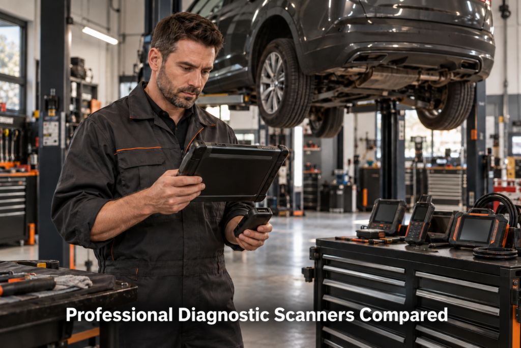 Professional automotive technician using a diagnostic tablet in a repair shop with a vehicle raised on a lift.