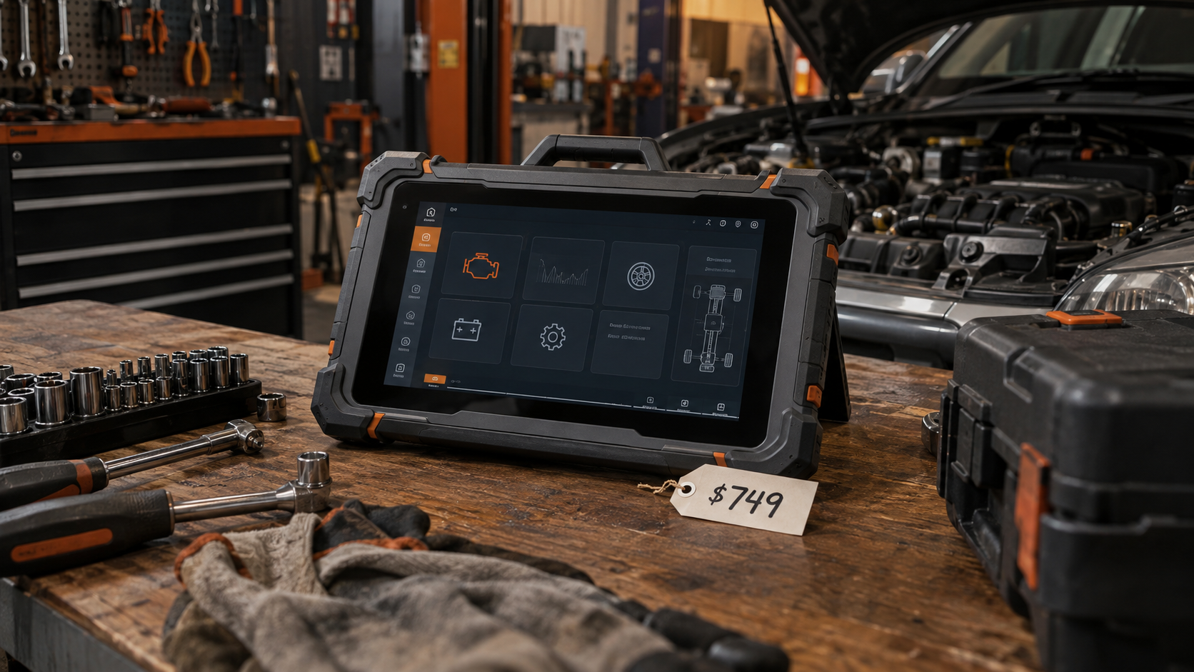 Rugged professional diagnostic tablet with a $749 price tag on a workshop bench beside automotive tools and an open engine bay.