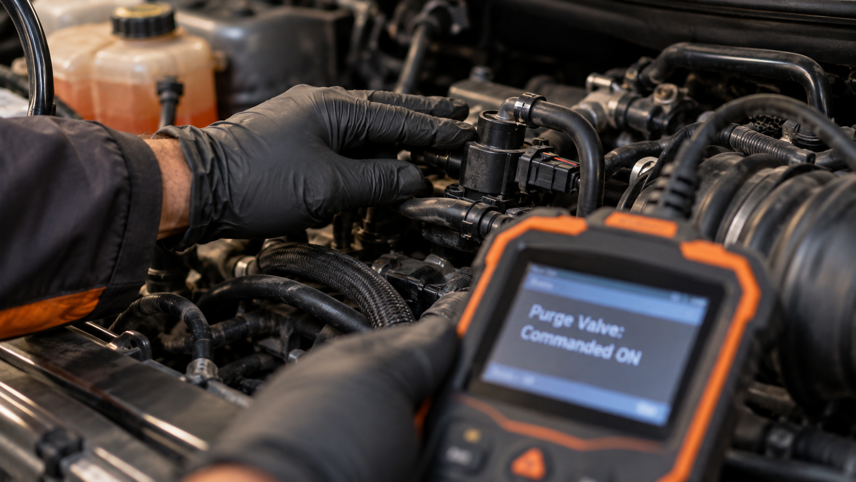 Mechanic touching an EVAP purge valve in the engine bay while a diagnostic scanner shows the valve commanded on.