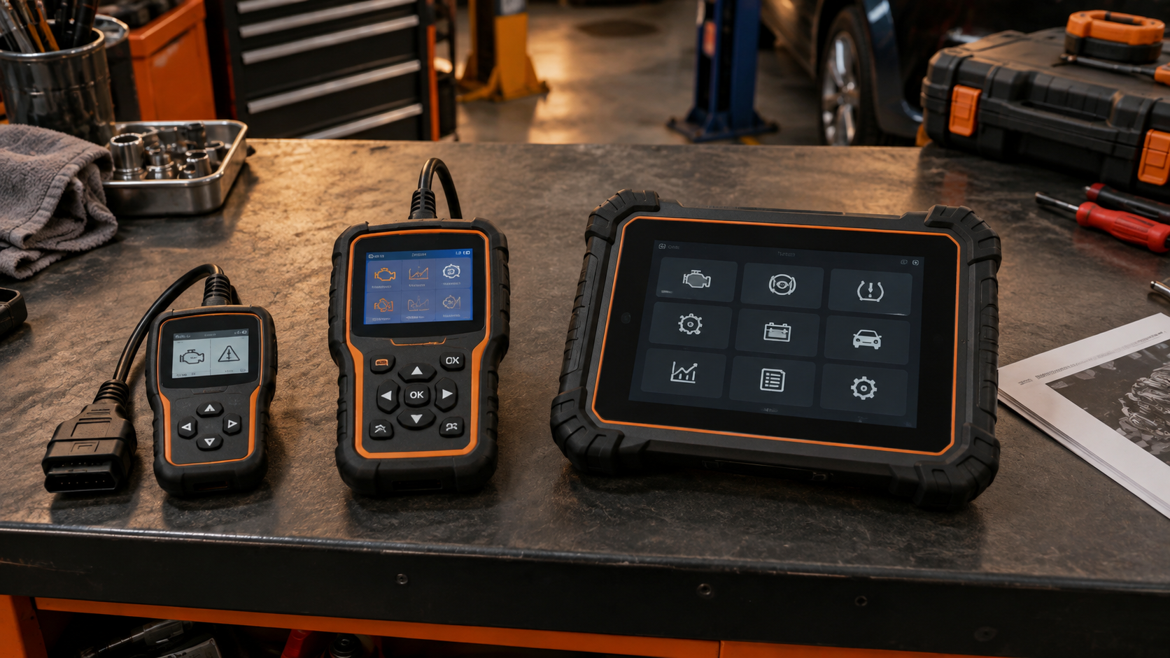 Three standalone OBD2 scanners of different sizes and capabilities arranged side by side on a workshop bench.
