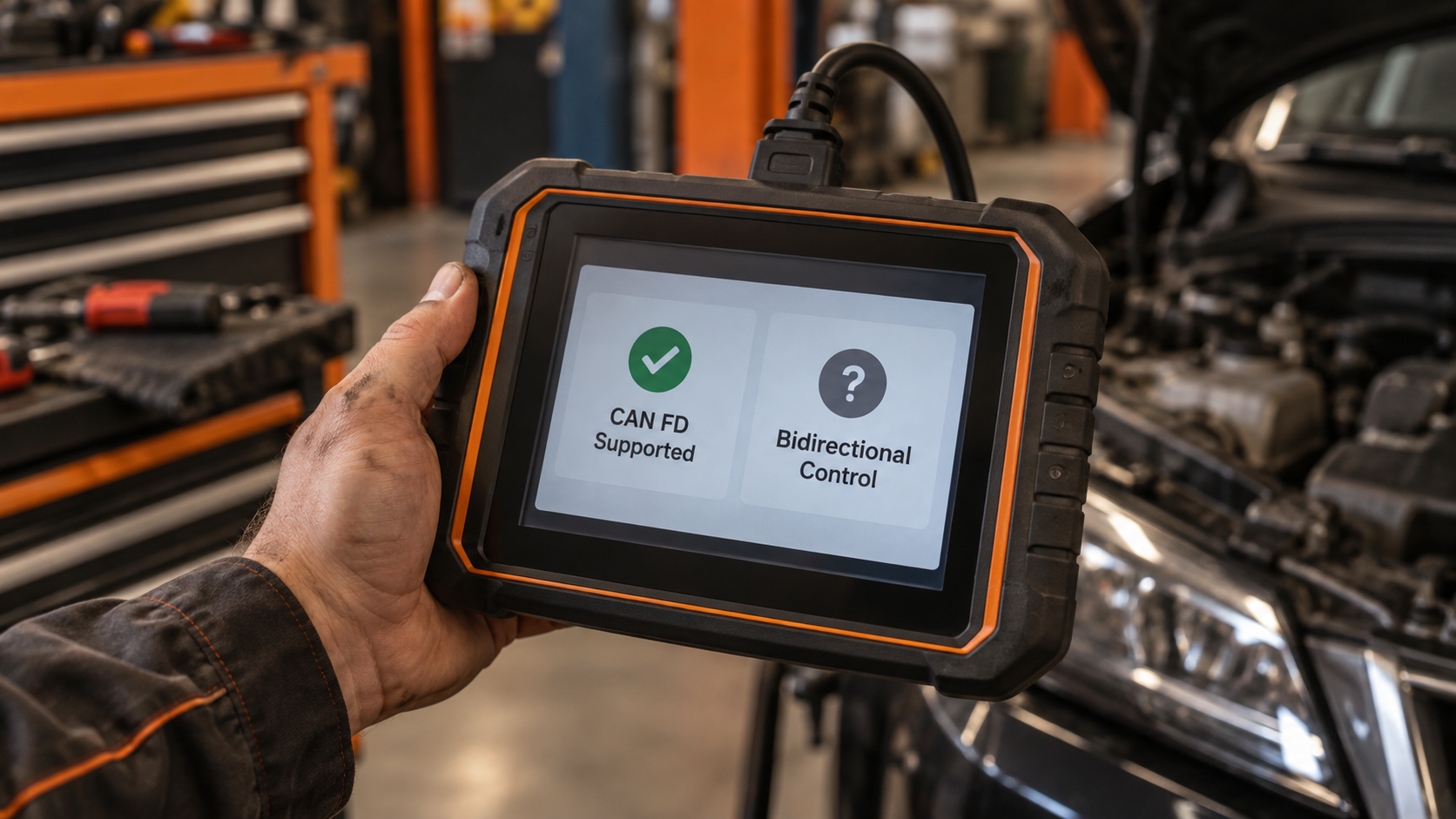 Rugged diagnostic scanner displaying CAN FD supported and bidirectional control as separate capabilities in front of an open engine bay.