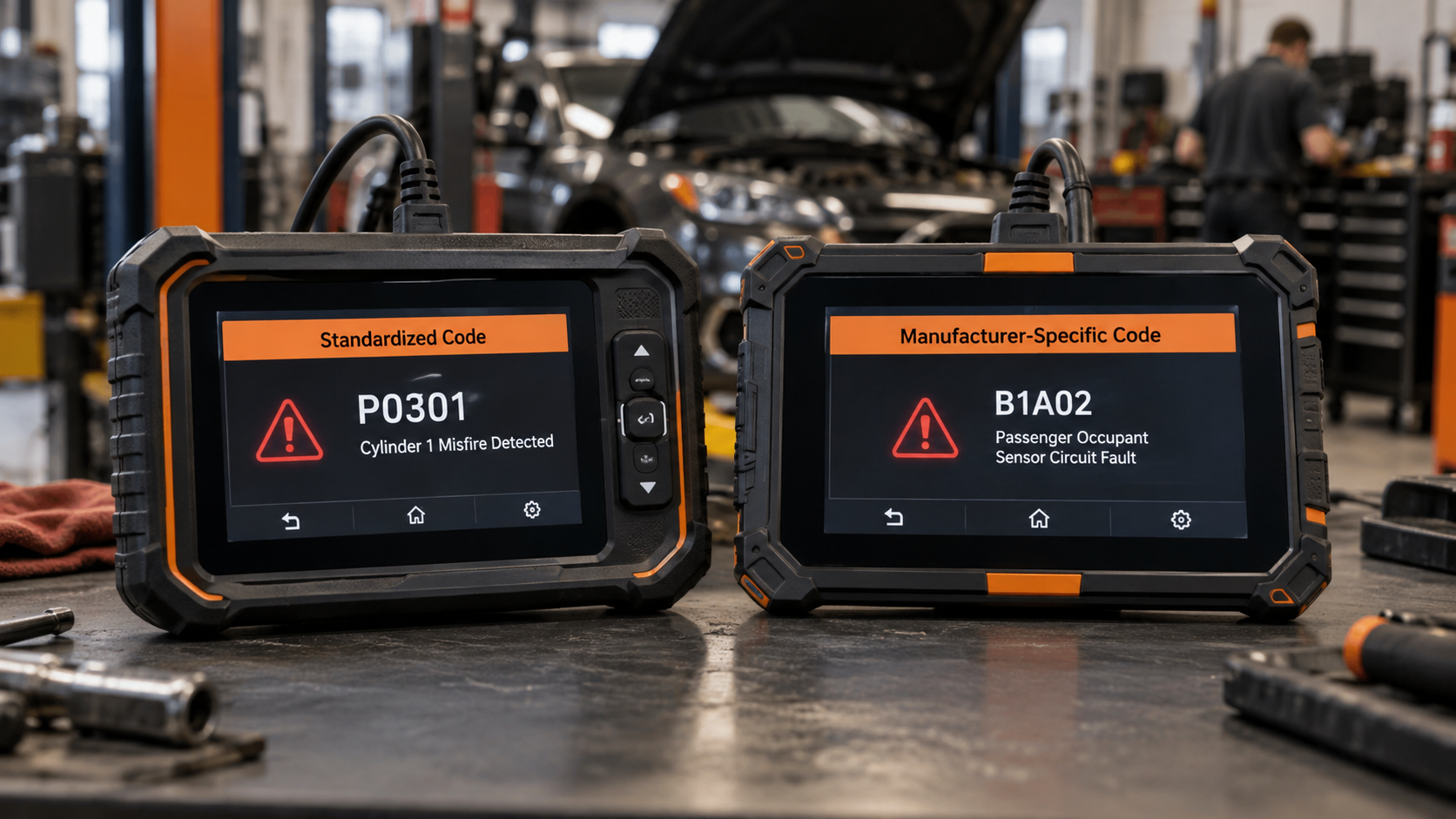 Two diagnostic scanners side by side showing a standardized code and a manufacturer-specific code.