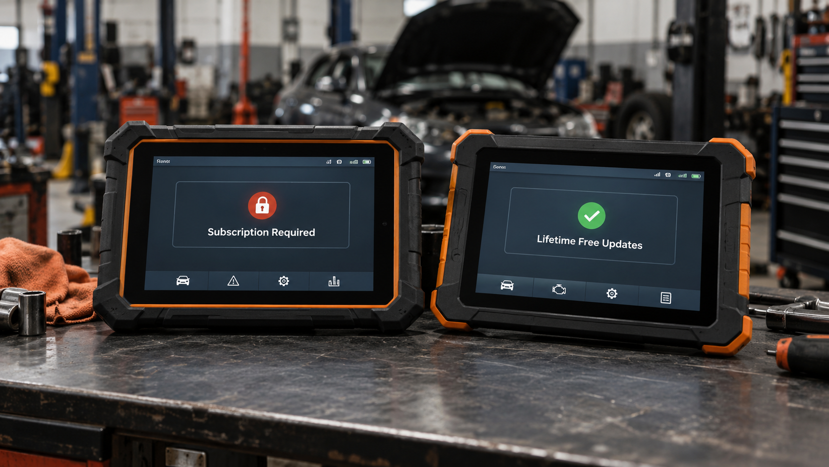 Two professional diagnostic tablets side by side showing subscription required on one screen and lifetime free updates on the other.