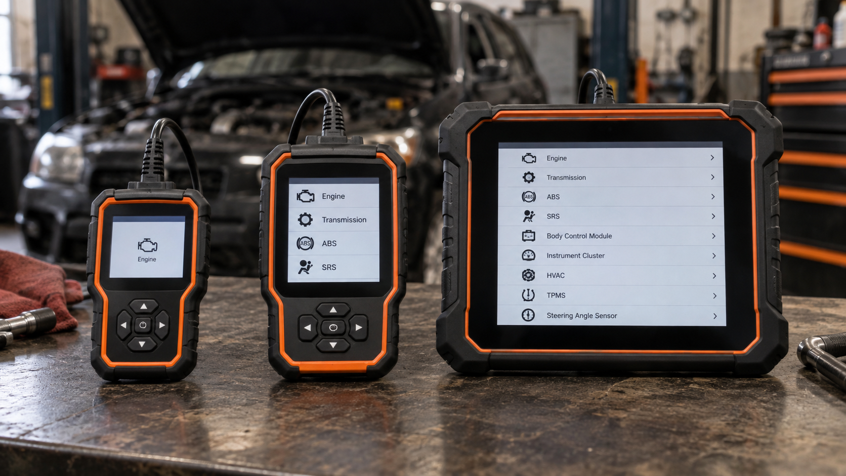Three automotive diagnostic scanners showing increasing system coverage from engine-only to four-system and full-system diagnostics.