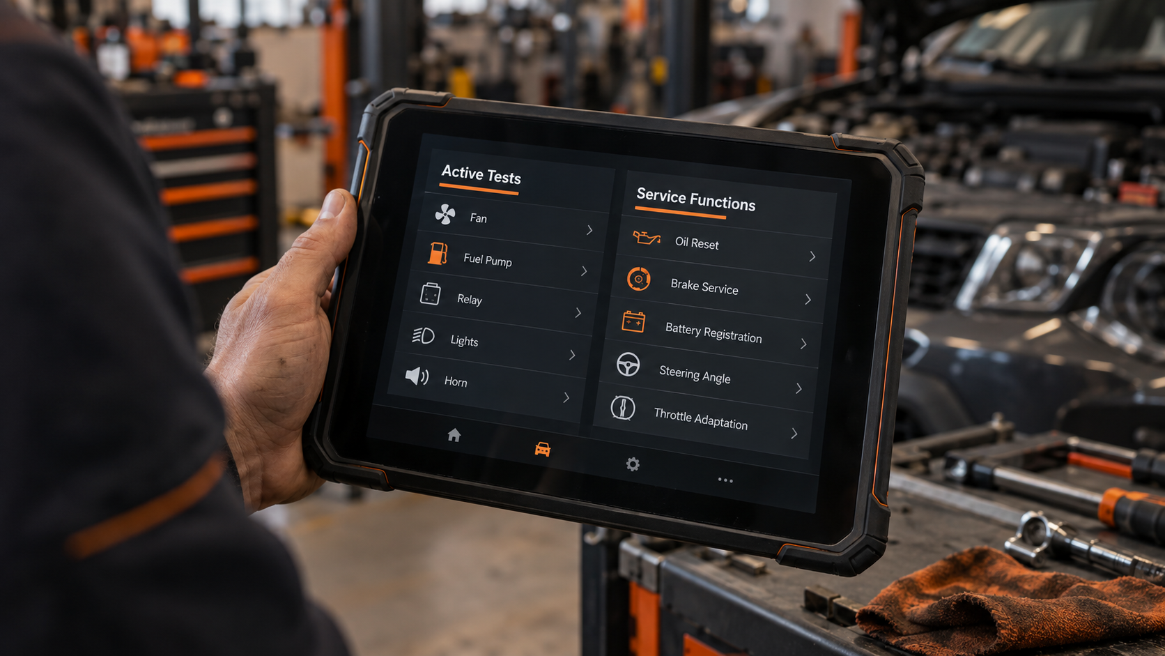 Diagnostic tablet comparing active tests such as fan and fuel pump control with service functions such as oil reset and brake service.