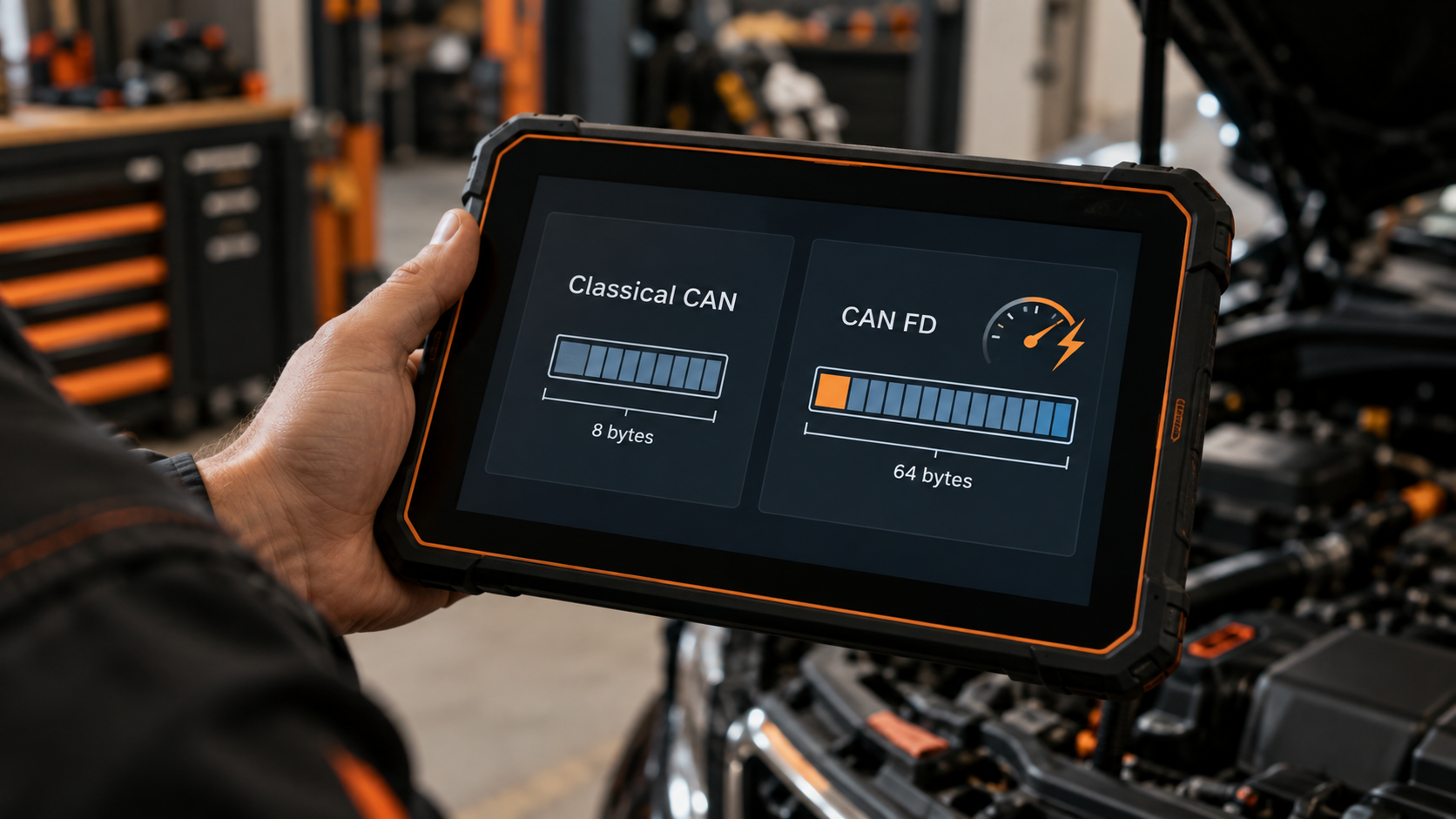 Diagnostic tablet comparing Classical CAN and CAN FD with 8-byte and 64-byte data frame graphics in a workshop.