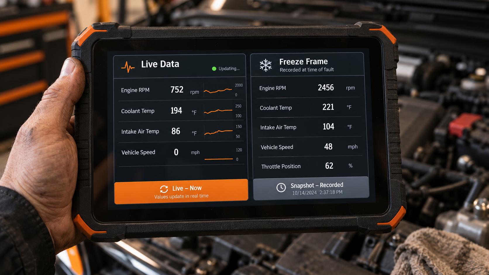 Diagnostic tablet comparing live vehicle data with freeze-frame values while held over an open engine bay.