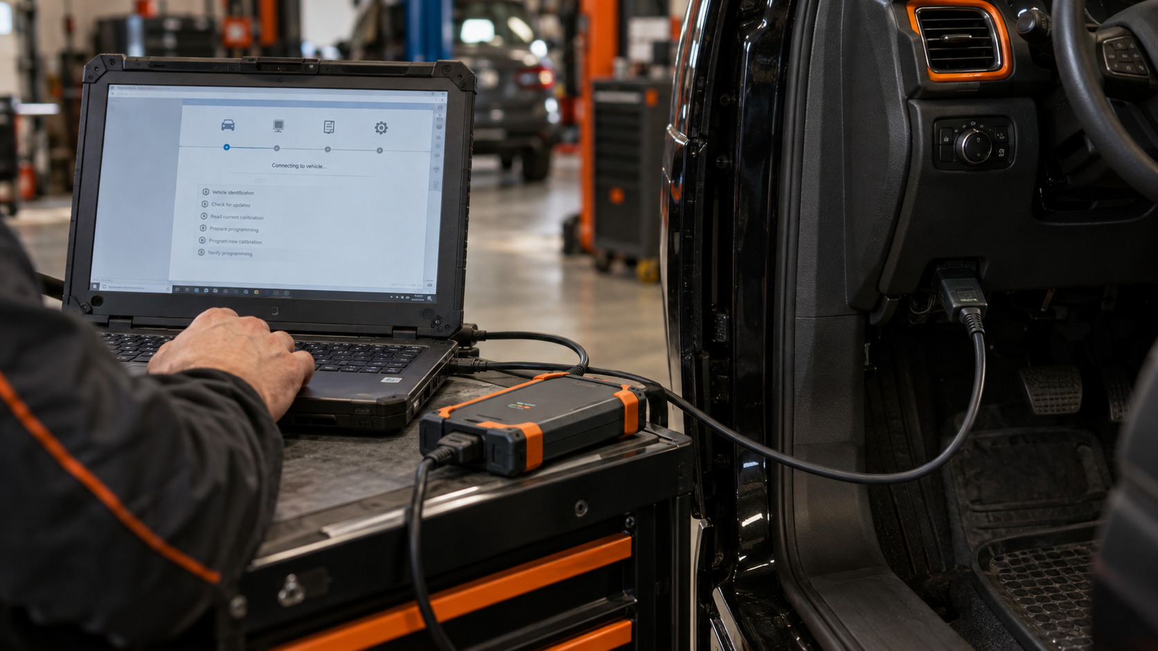 Laptop connected to a J2534 pass-thru interface and vehicle diagnostic port during ECU programming in a workshop.