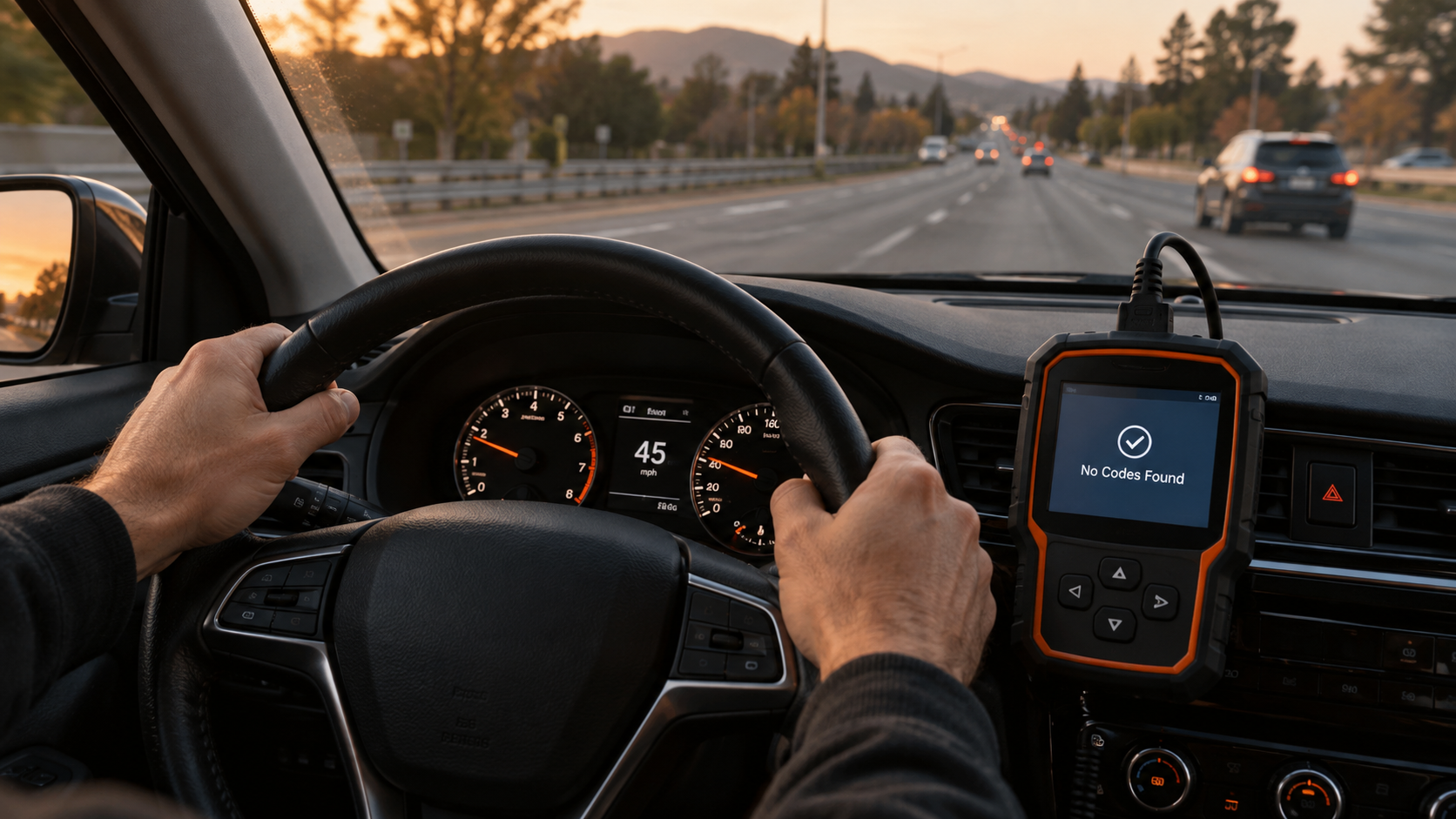 Driver using an OBD2 scanner showing no codes found while driving on the road after a repair.