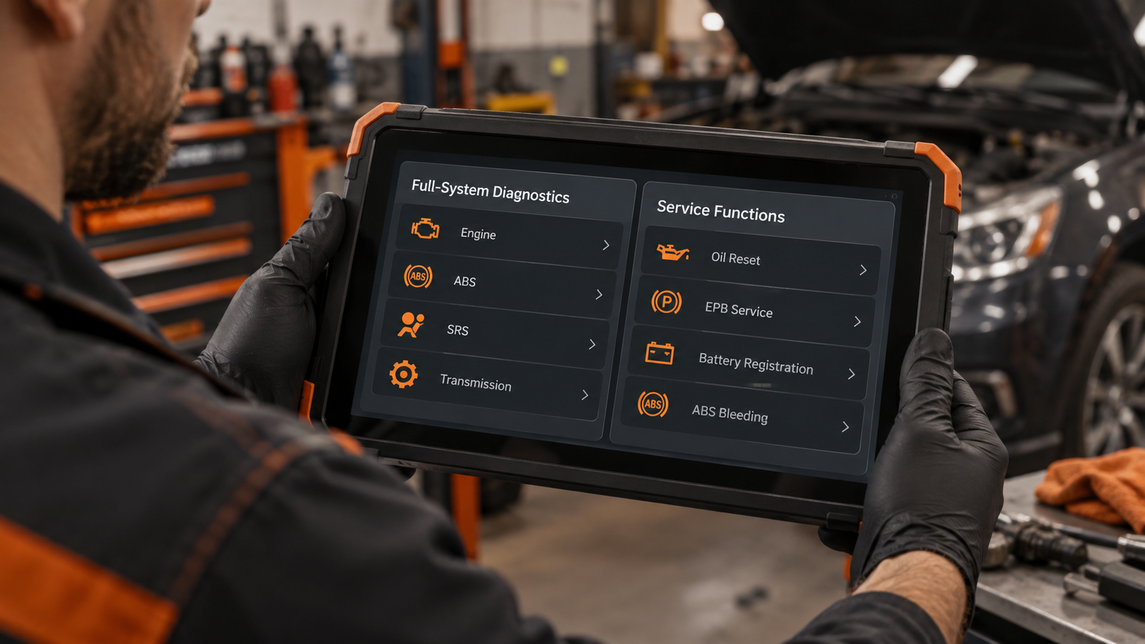 Diagnostic tablet comparing full-system module diagnostics with service functions like oil reset, EPB and ABS bleeding.