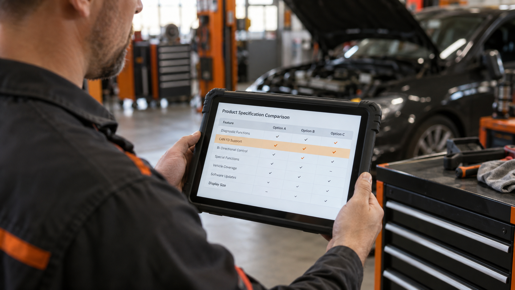 Technician reviewing a diagnostic tablet with a scanner specification comparison chart highlighting CAN FD support in a workshop.